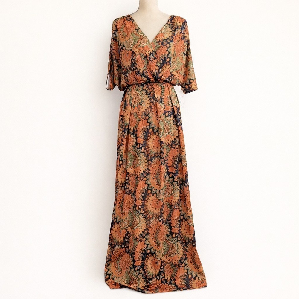 KOH KOH Size Large Dolman Sleeve Surplice Empire Waist Printed Maxi Dress NWT